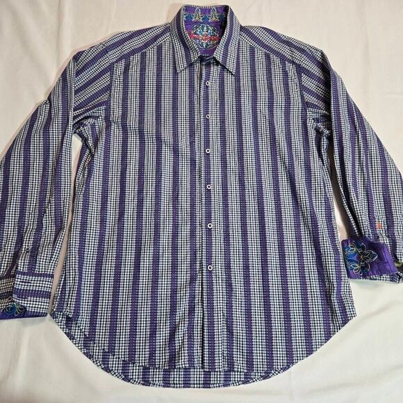 ROBERT GRAHAM DRESS SHIRT MENS LARGE CLASSIC FIT BLUE PURPLE STRIPE FLIP CUFF - Picture 1 of 6
